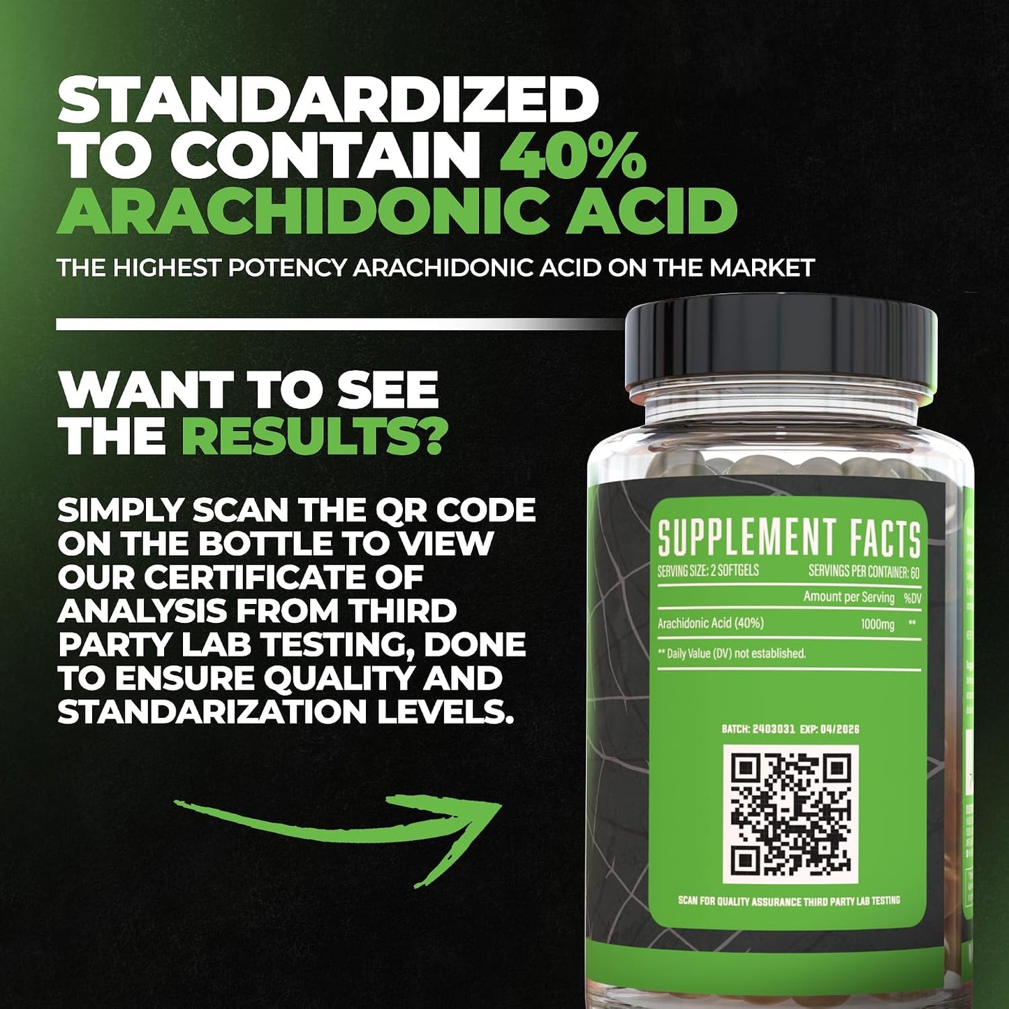 Huge Supplements Arachidone, Arachidonic Acid Supplement, Promotes Lean Mass & Increased Strength, Highest Dosed with 1000mg Per Serving, 120 Softgels