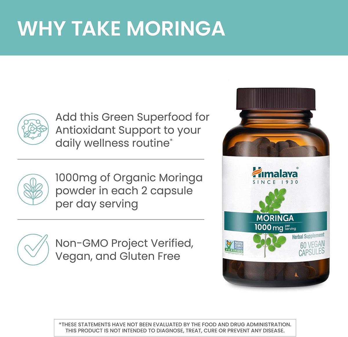 Himalaya Organic Moringa capsules - Moringa Supplement, Herbal Superfood Antioxidants Supplement Supporting Wellness, Vitality, and Oxidative Stress - Vegan, Non-GMO, Gluten Free, 1000 mg, 60 Capsules