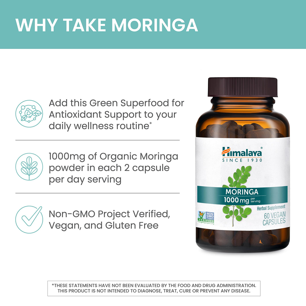 Himalaya Organic Moringa capsules - Moringa Supplement, Herbal Superfood Antioxidants Supplement Supporting Wellness, Vitality, and Oxidative Stress - Vegan, Non-GMO, Gluten Free, 1000 mg, 60 Capsules