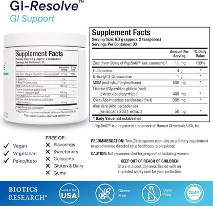 BIOTICS RESEARCH GI Resolve™ Advanced L-Glutamine Powder Formula for Gut Lining Support & Healing - Optimal Gastrointestinal Function - Premium 7-Ingredient with Zinc Carnosine & Botanicals- 6.7oz