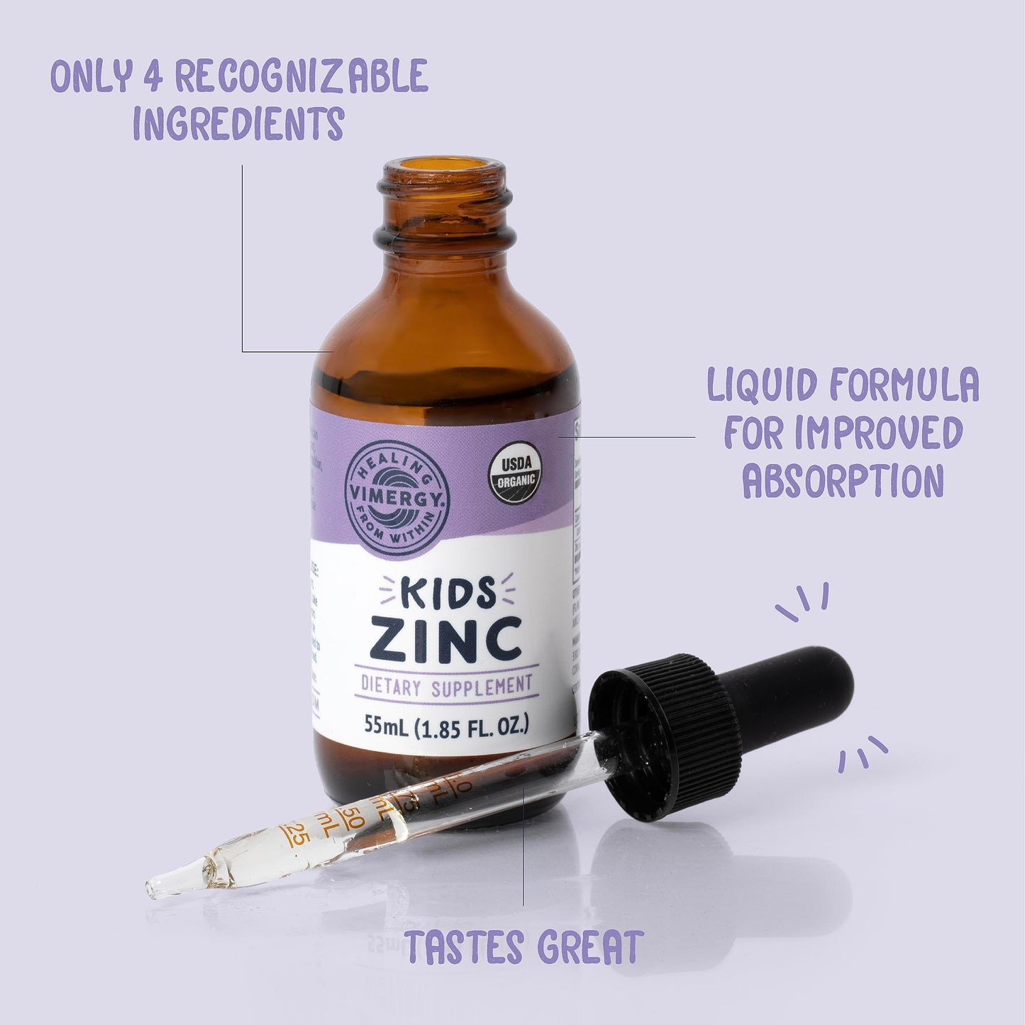 VIMERGY USDA Organic Zinc Supplements for Women & Men (7.5mg Liquid Zinc Per Serving) Fast-Absorbing Immune Support, Promotes Healthy Bones & Skin, Vegan, Up to 57 Servings (115 mL)