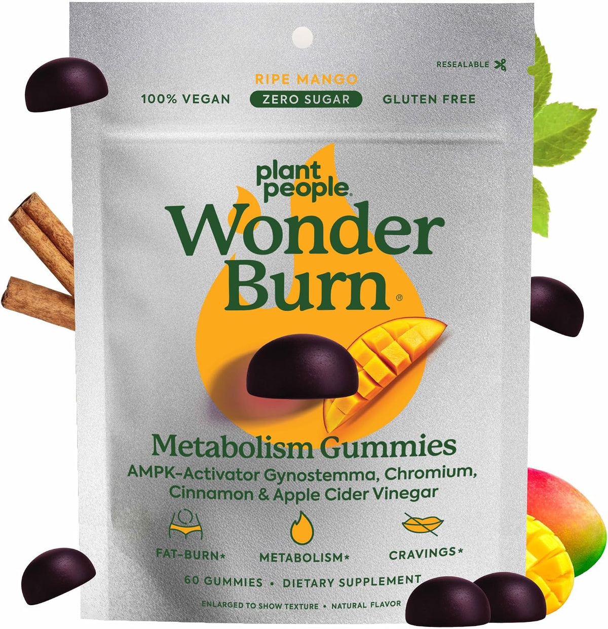 Plant People WonderBurn Metabolism Gummies, Ripe Mango Flavor (60 Count)