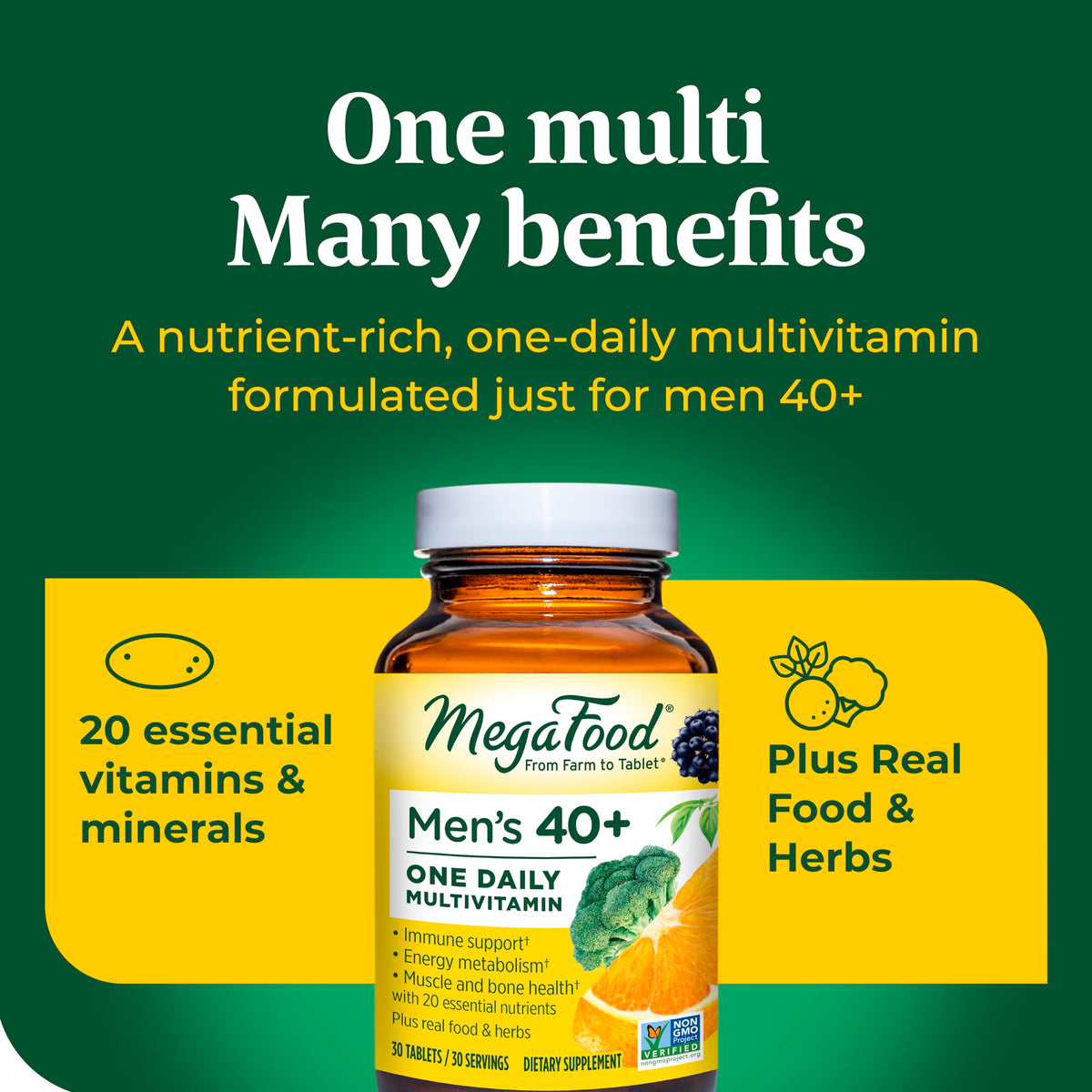 MegaFood Men's 40+ One Daily Multivitamin for Men With Vitamin B, Vitamin D3, Selenium