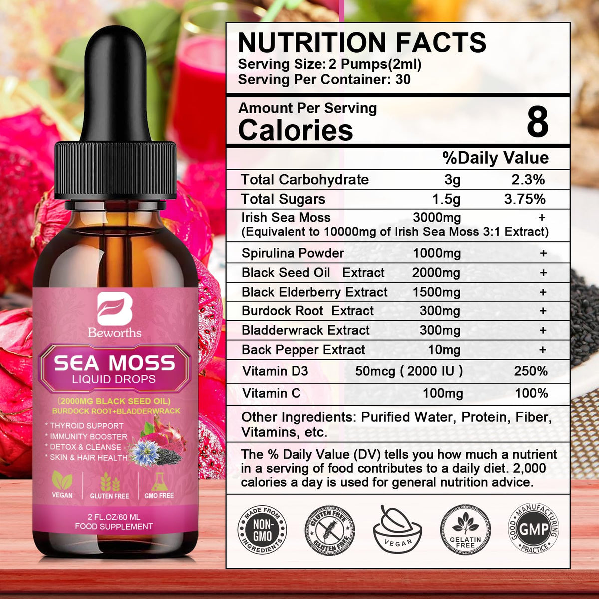 3000mg Sea Moss Liquid Drops - Organic Black Seed Oil & Irish Sea Moss Gel