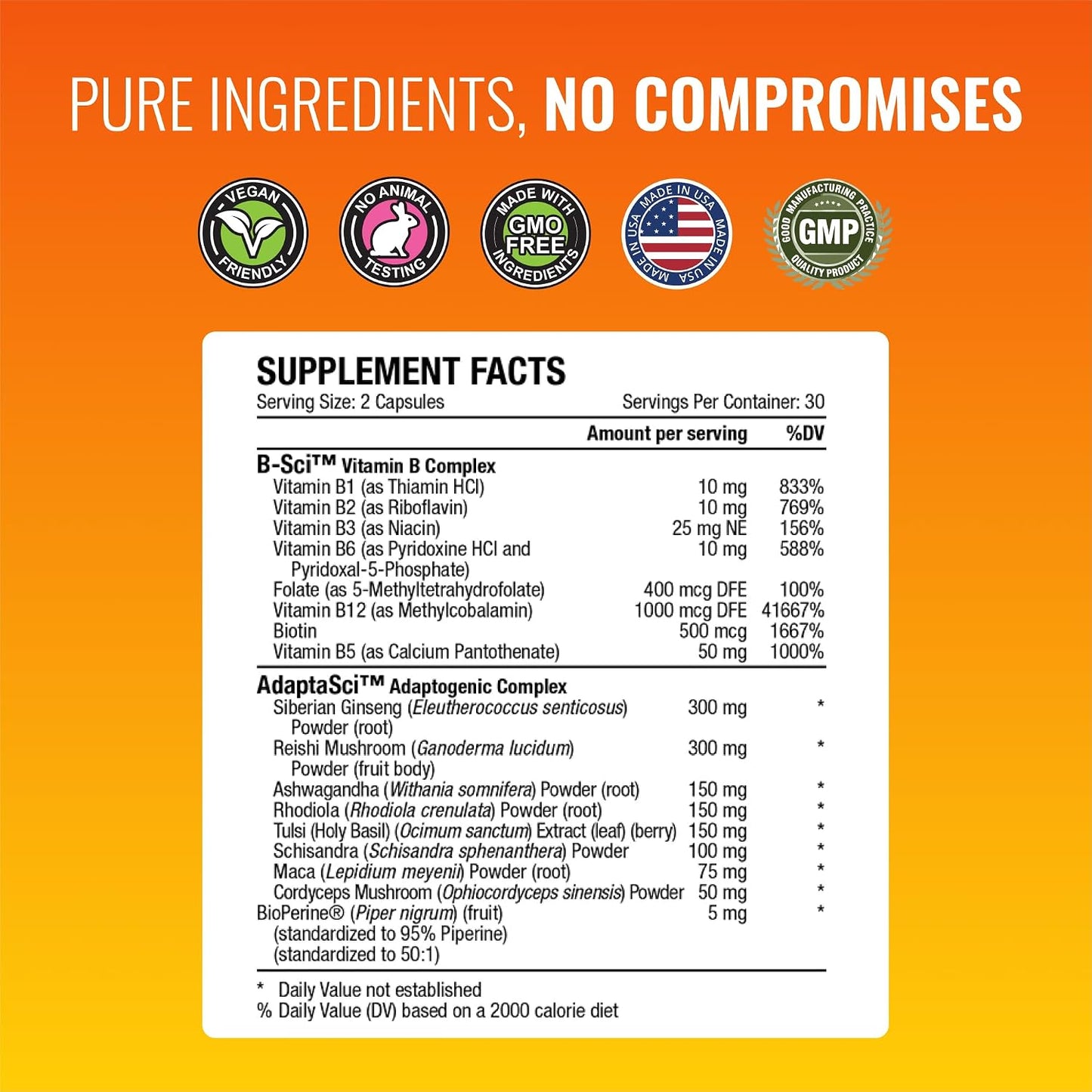 Approved Science Energysyl - Caffeine Free - with Adaptogens, B Vitamins, and Bioperine - 1 Month Supply - 60 Capsules - Made in The USA