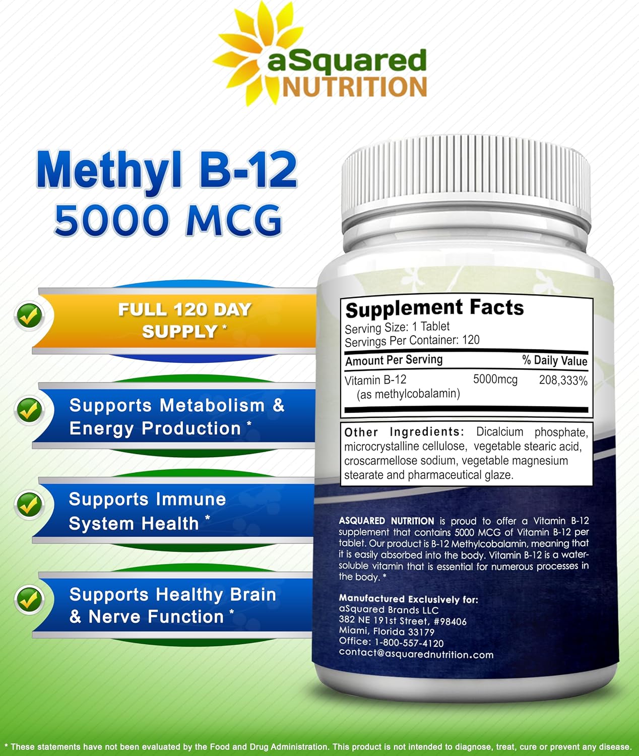 Vitamin B12 - 5000 MCG Supplement with Methylcobalamin (Methyl B-12) - 120 | Max Strength B12 Vitamins - 120 Tablets - Methylated Vit B 12 Support for Men & Women - Help Boost Energy & Brain Health