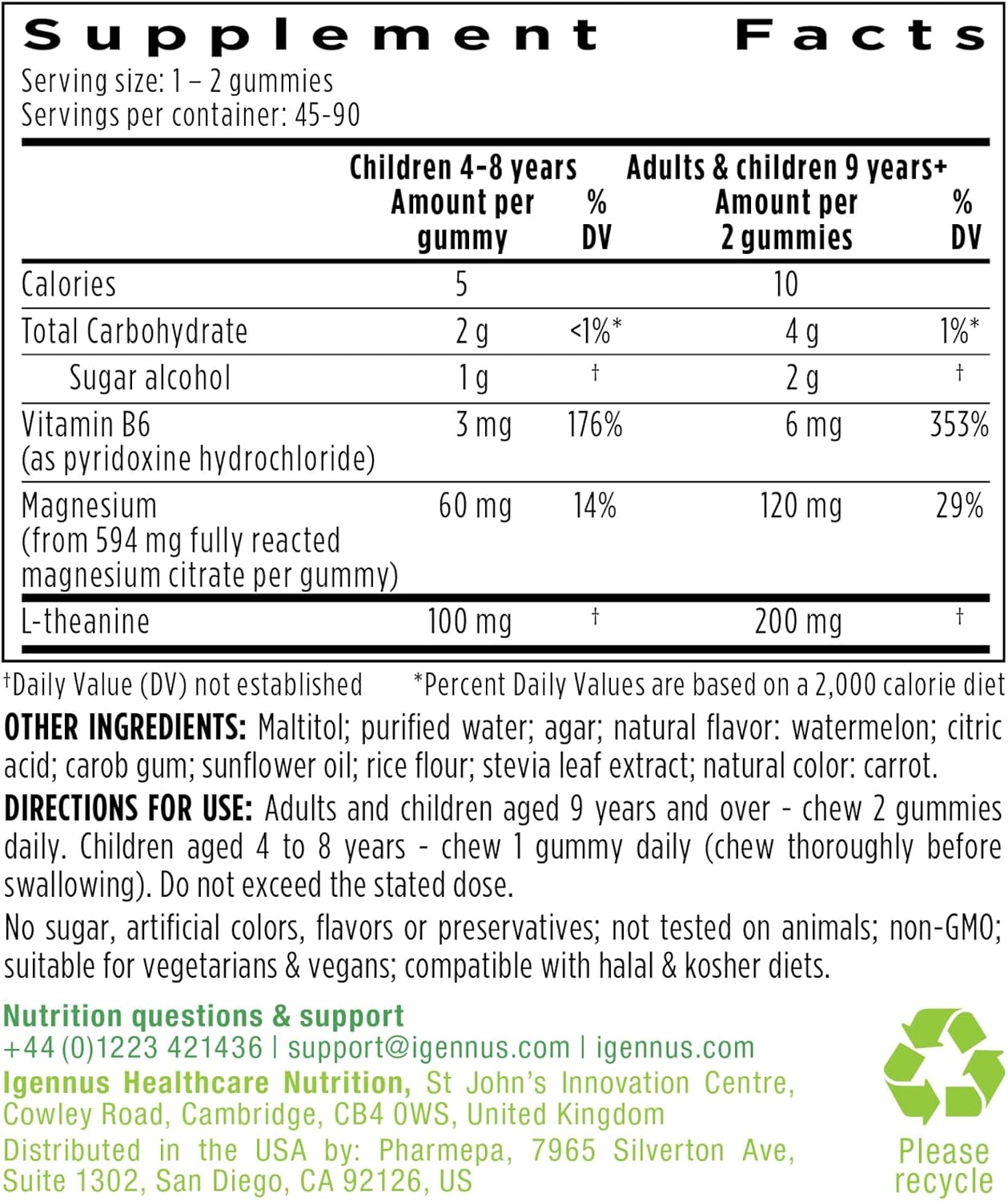 Igennus High Absorption Magnesium Citrate Gummies with L-Theanine & B6, Calm & Nervous System Support for Adults & Kids, Sugar-Free, Clean Ingredients & Vegan, Watermelon Flavor, 45-90 Servings