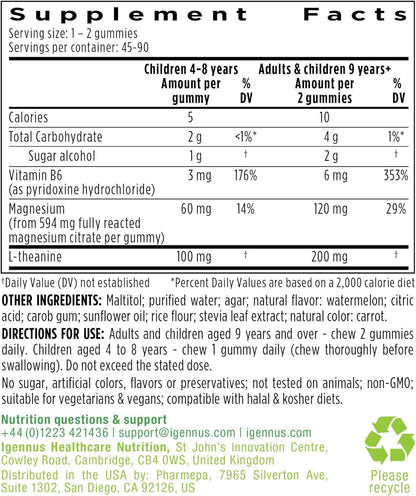 Igennus High Absorption Magnesium Citrate Gummies with L-Theanine & B6, Calm & Nervous System Support for Adults & Kids, Sugar-Free, Clean Ingredients & Vegan, Watermelon Flavor, 45-90 Servings