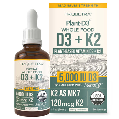 Organic Plant D3 + K2 | 5000 iu D3 + 120 mcg K2 as All-Trans MK7 from MenaQ7® - 100% Whole Food, Raw & Vegan | Enhanced Digestion with Prebiotic & Superfood Complex – D3 from Organic Algae (60 Count)