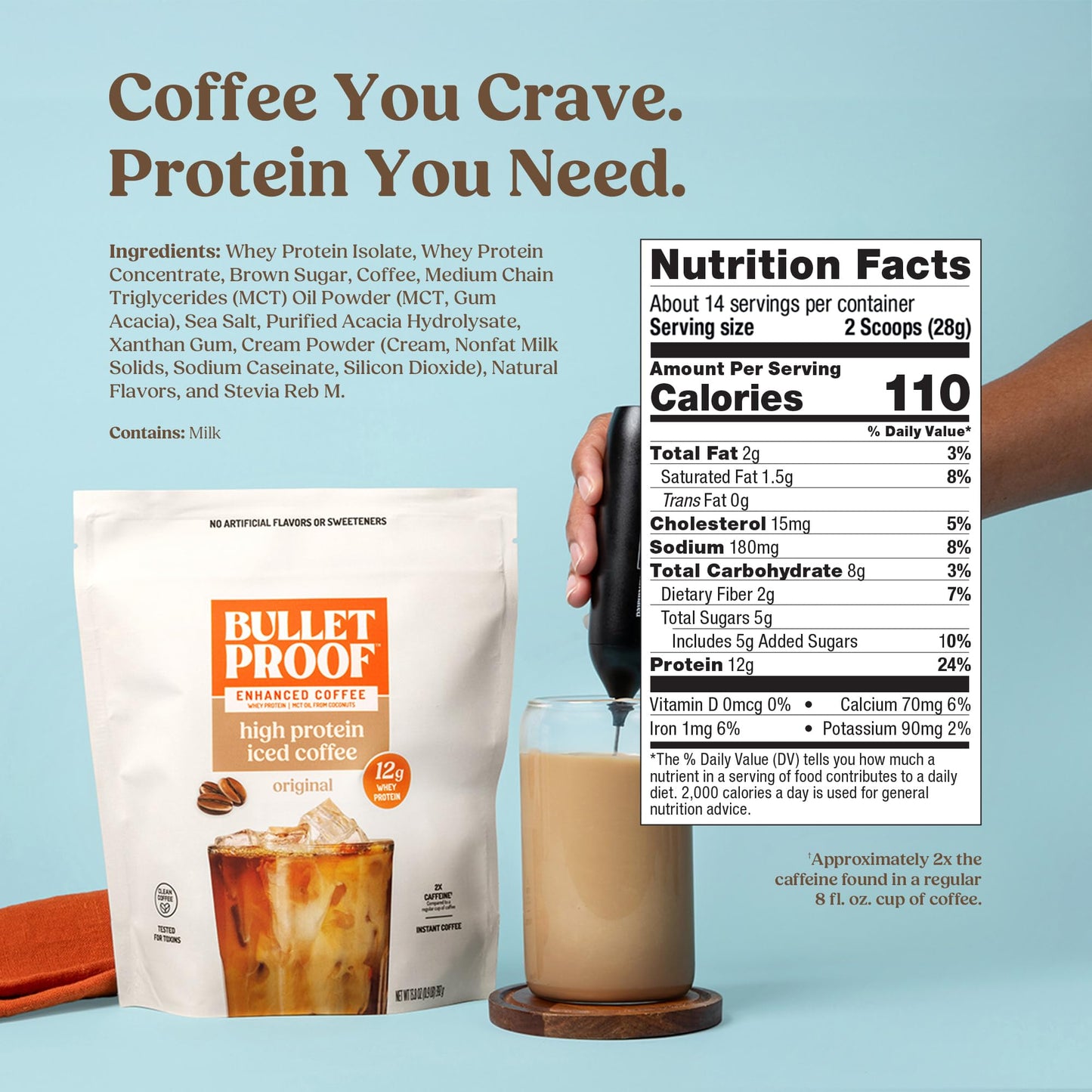 Bulletproof Iced Protein Coffee, Mocha, 12g Whey Protein + MCT Oil, 170mg Caffeine, Instant Coffee from Real Beans & Cocoa, Tested for Toxins, No Artificial Flavors & Sweeteners, 14 Servings
