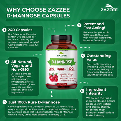 Zazzee D-Mannose, 1000 mg per Serving, 180 Vegan Capsules, 3 Month Supply, Potent & Fast-Acting, Certified Kosher, 100% Pure, All-Natural Urinary Tract Health Support, 100% Vegetarian, Non-GMO