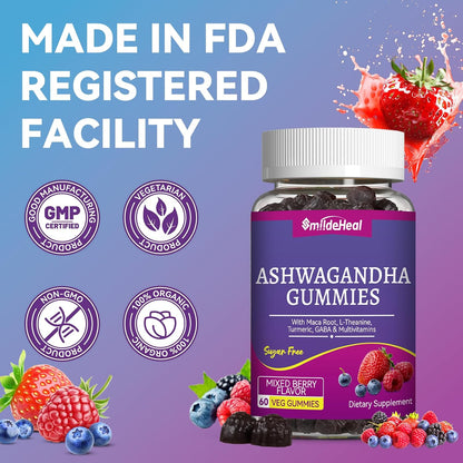 Ashwagandha Gummies 3000mg for Calm & Stress Relief, 60 Count, Vegan | Ashwagandha High Strength Root Extract Supplement with L-Theanine, Trumeric, D3 for Women & Men - Natural Mixed Berry Flavor
