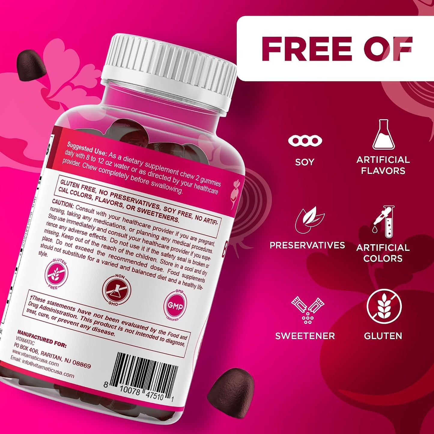 Vitamatic Beet Root Gummies with B6, B12, Grape Seed, Pomegranate & Nicotinamide – Plant-Based Extract – Vegan, Non-GMO – Botanical Supplement Gummies – 60 Count