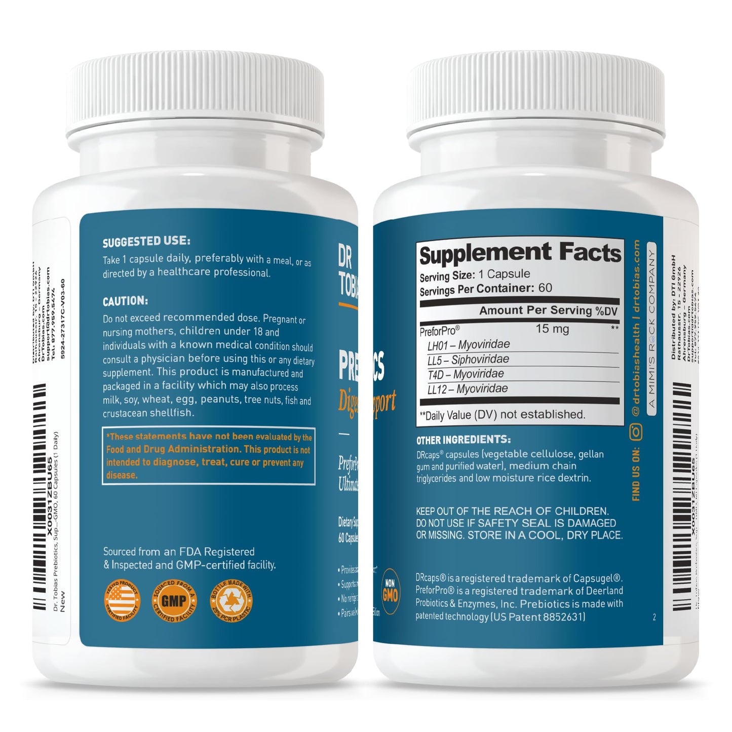 Dr. Tobias Prebiotics, Supports Digestion & Gut Health, Feed Good Probiotic Bacteria, Boost Gut Immune Function, Vegan & Non-GMO Gut Health Supplements for Men and Women, 30 Capsules, 30 Servings