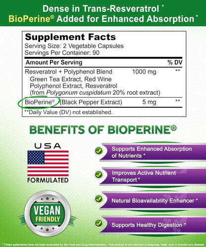 aSquared Nutrition Natural Resveratrol with Red Wine Extract - 180 Capsules - Trans Resveratrol Antioxidant Supplement Pills for Pure Heart Health - Extra Strength Trans-Resveratrol