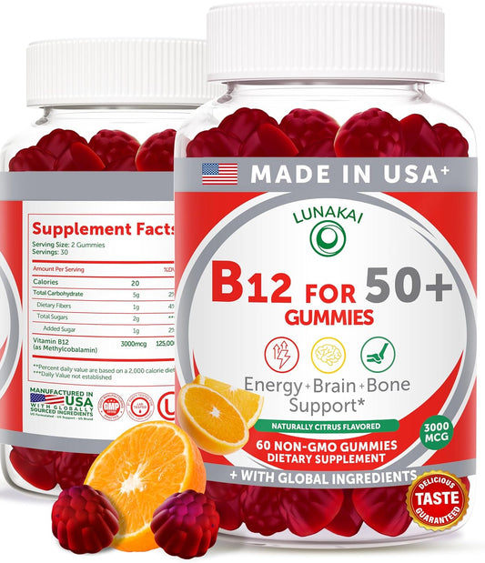 Lunakai USA Made Vitamin B12 Gummies for Adults 50+, 3000mcg, 60ct | Non-GMO, Vegan B12 Supplement for Energy Metabolism & Daily Vitality Support - Tasty & Non-Sticky Gummies