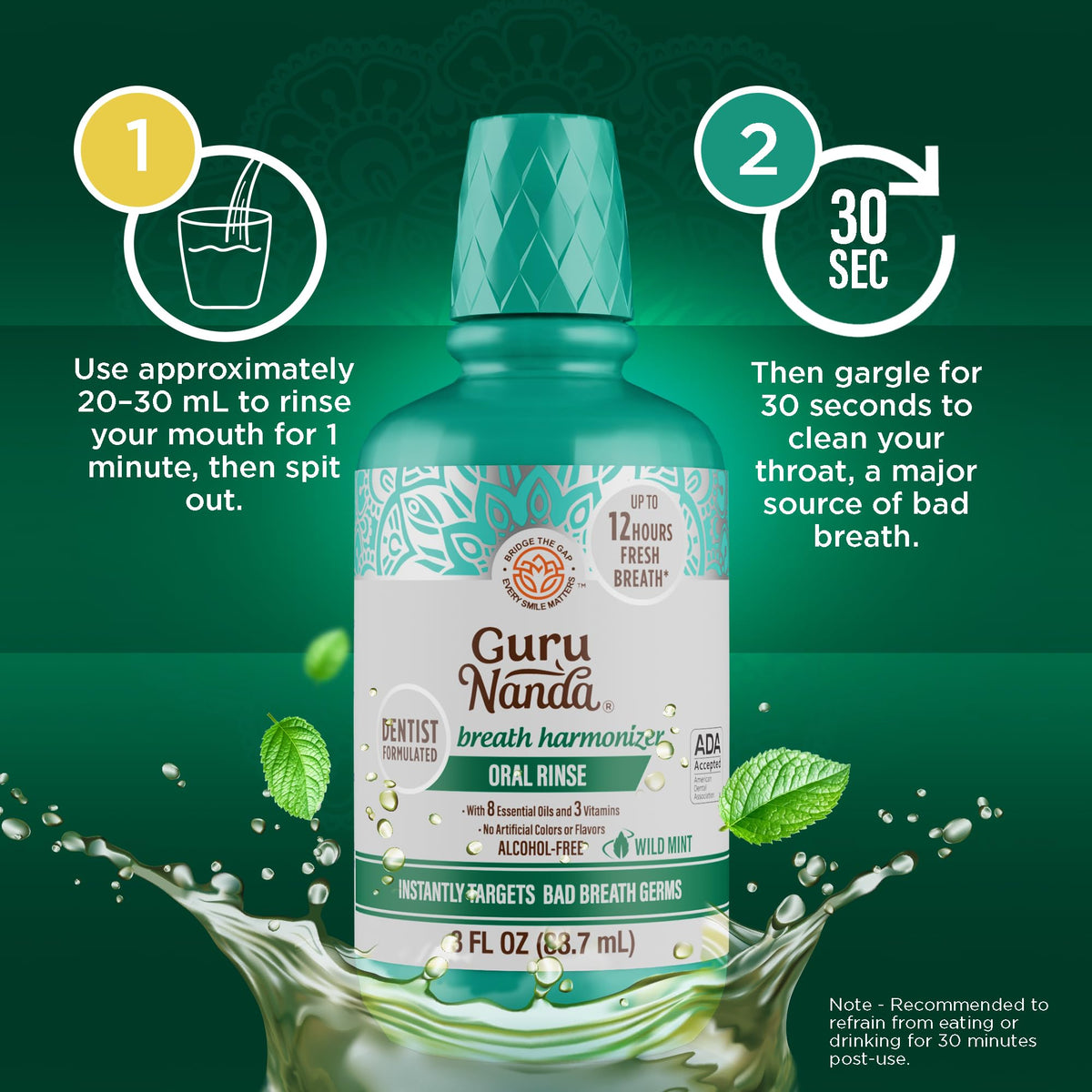 GuruNanda Fresh Breath Mouthwash – 12-Hour Fresh Breath & Helps Fight Bad Breath – ADA Accepted, Alcohol & Fluoride-Free Oral Rinse, Wild Mint - 16 oz, Pack of 2