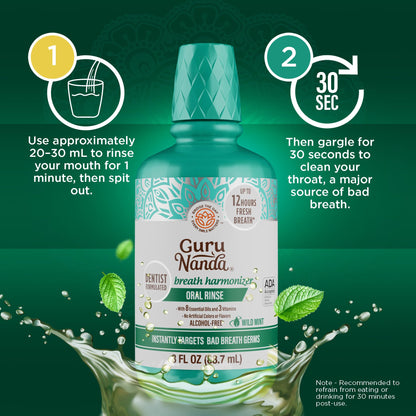 GuruNanda Fresh Breath Mouthwash – 12-Hour Fresh Breath & Helps Fight Bad Breath – ADA Accepted, Alcohol & Fluoride-Free Oral Rinse, Wild Mint - 16 oz, Pack of 2