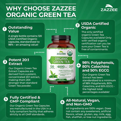 Zazzee USDA Organic Green Tea 20:1 Extract, 50% EGCG, 98% Polyphenols, 80% Catechins, 120 Vegan Capsules, 4 Month Supply, Antioxidant, Metabolism & Energy Support, Non-GMO, All-Natural, Made in USA