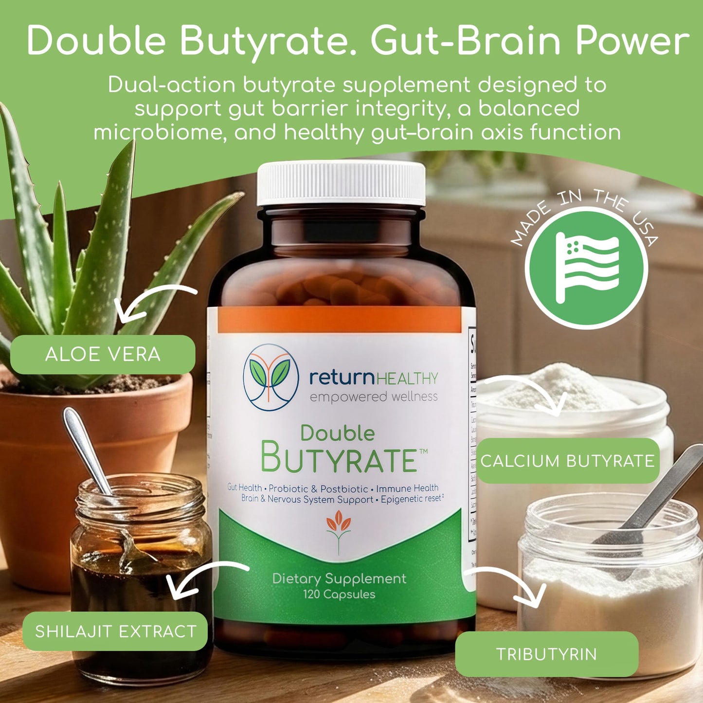 Double Butyrate Gut Health Supplement | Probiotic & Postbiotic Digestive Supplements for Gut Support | Enhances Immune, Brain, & Nervous System Function | Odor-Free Formula | 120 caps