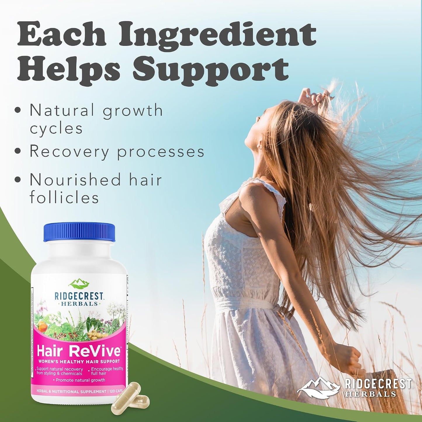 RidgeCrest Herbals Hair Revive Hair Growth Vitamins with Biotin 120 Ct | 30 Servings, Vitamin C, Biotin 6000mcg, Zinc, Copper, Natural Hair, Skin and Nail Health Formula for Women