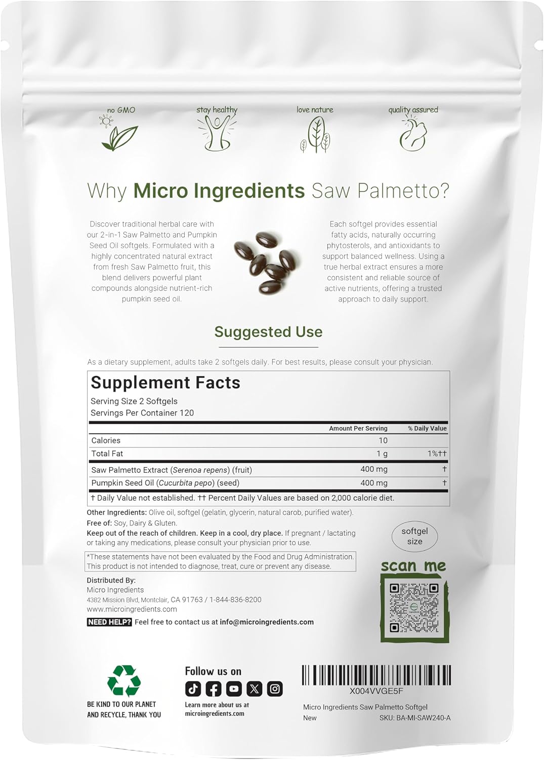 Micro Ingredients Saw Palmetto with Pumpkin Seed Oil for Men, 240 Softgels| Cold-Pressed Extract | Virgin Oil Formula | Rich in Essential Fatty Acids & Phytosterols | Non-GMO, Gluten & Soy Free