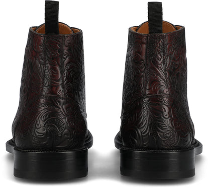 TAFT Mens Rome Genuine Leather Embossed Lace-up Ankle Boot Floral Cushioned Block Heel Round Cap Toe Casual Shoe Morado Viejo 8.5 Medium MENS US