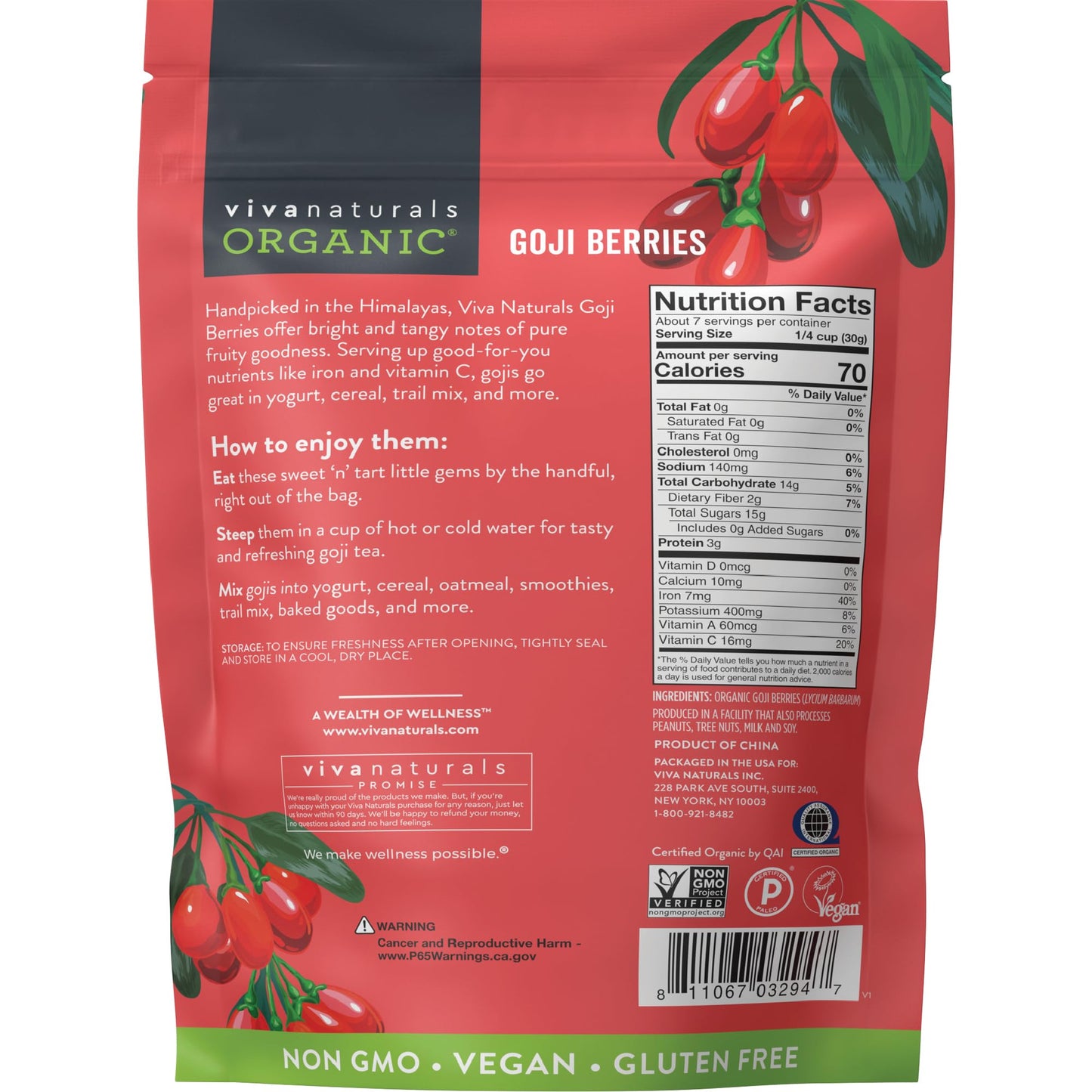 Viva Naturals Organic Dried Goji Berries, 1 lb (454 g) – Non-GMO, Vegan Wolfberries, Perfect for Goji Berry Tea, Smoothies, Baking & Snacking