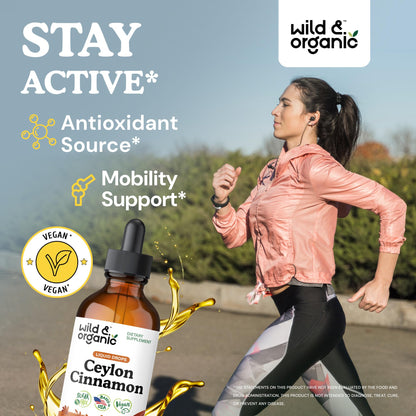 Wild & Organic Ceylon Cinnamon Supplements 500mg - Antioxidant Support - Ceylon Cinnamon Drops - Add to Tea Liquid Extract - Cinnamomum Verum Bark - Unflavored, Sugar & Alcohol-Free Tincture - 4 fl oz