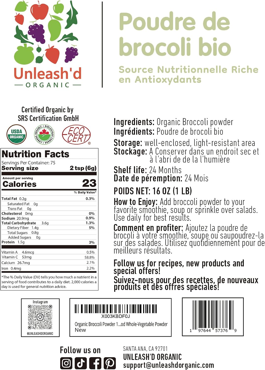 Unleash’d Organic Broccoli Powder 16 oz – 100% Pure Organic Superfood, Raw, Vegan, Non-GMO, Fiber & Vitamin-Rich