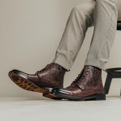 TAFT Mens Rome Genuine Leather Embossed Lace-up Ankle Boot Floral Cushioned Block Heel Round Cap Toe Casual Shoe Morado Viejo 8.5 Medium MENS US