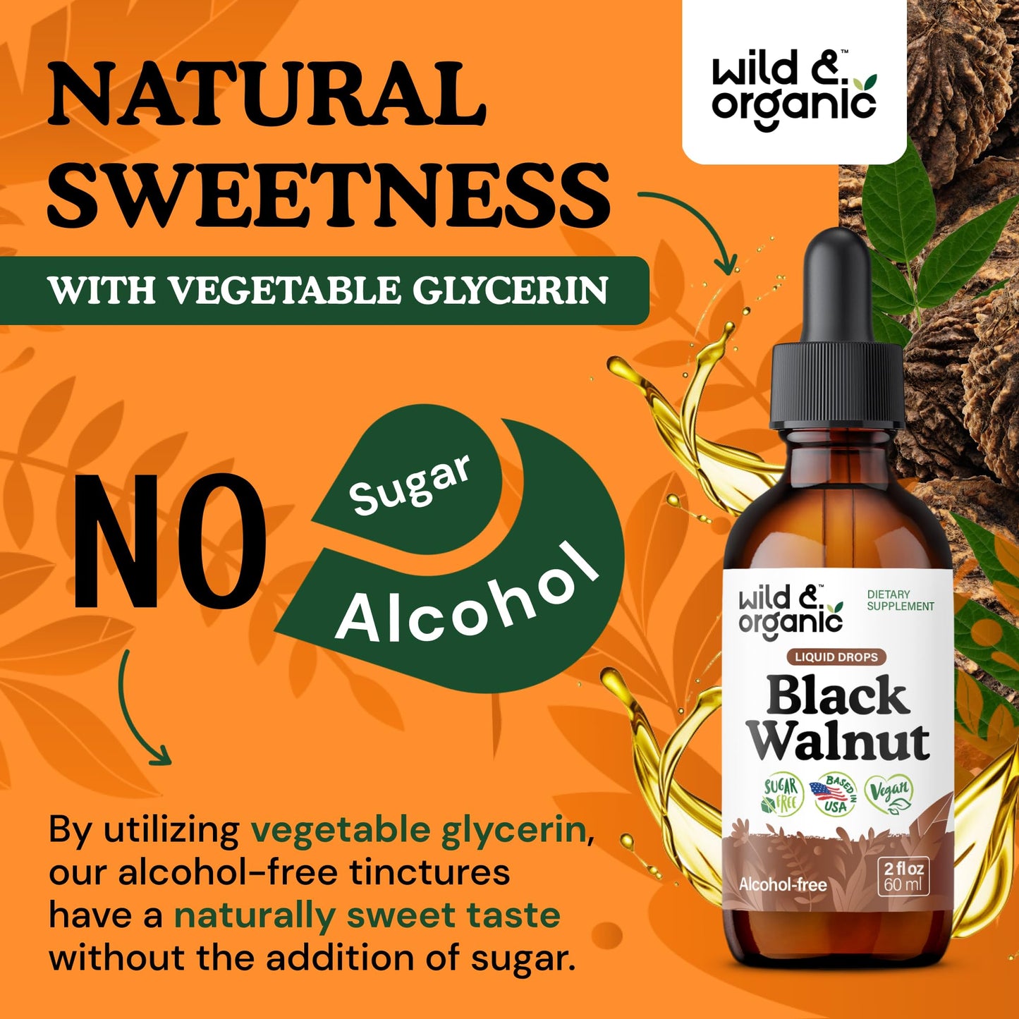 Wild & Organic Black Walnut Hull Tincture - Cleanse & Gut Support - Black Walnut Extract Supplement - Fast Absorption Liquid Drops - Add to Tea & Mix with Powder - Without Alcohol & Sugar - 4 fl oz