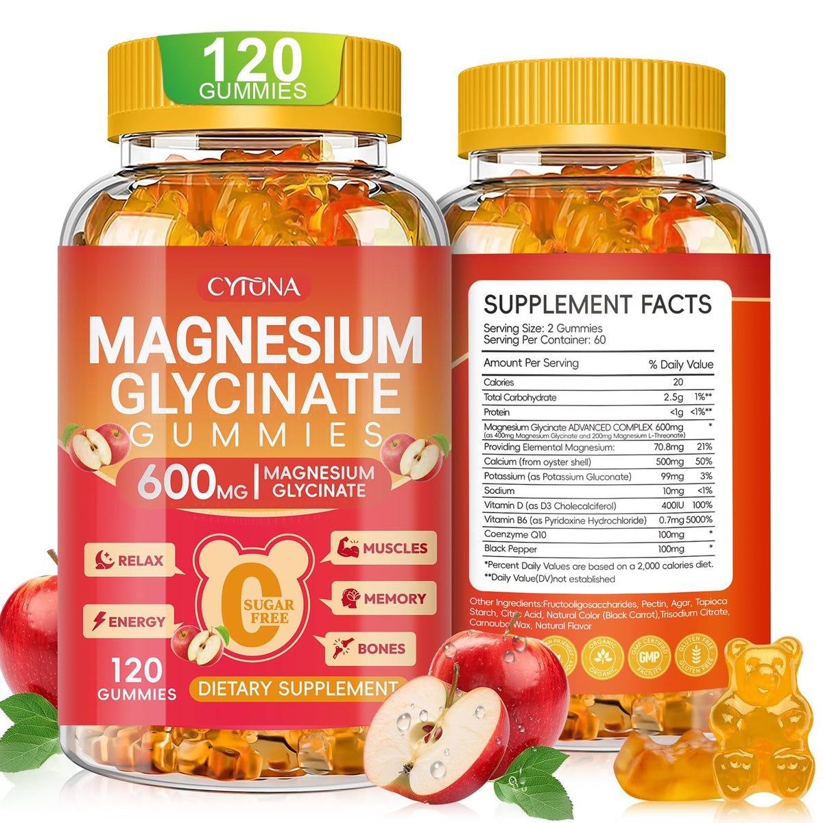 Magnesium Glycinate Gummies 600mg, Sugar Free Magnesium Gummies for Adults
