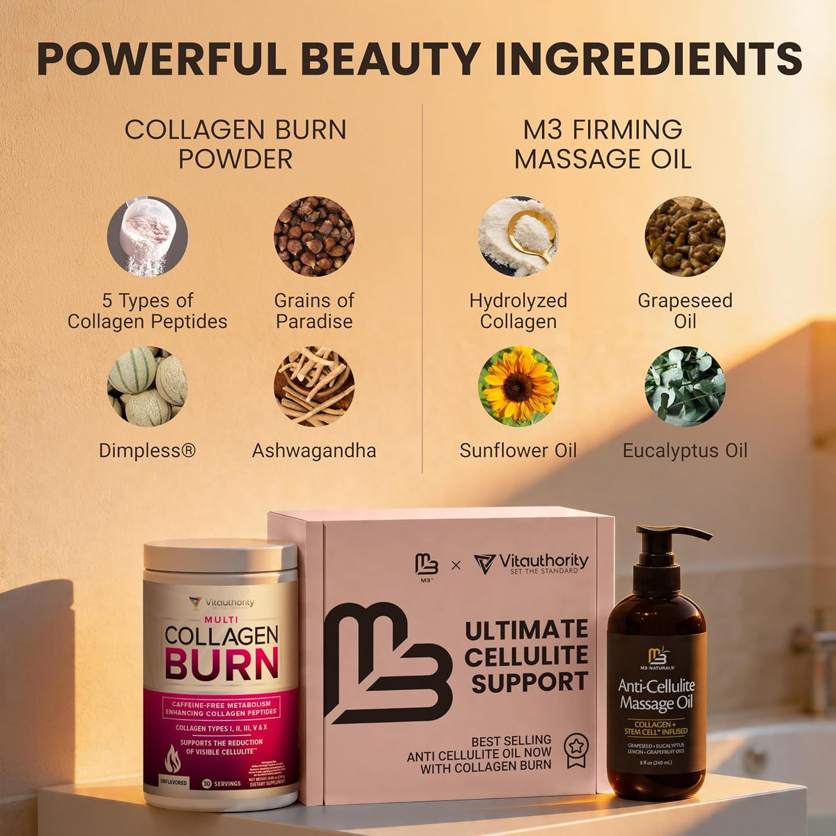 M3 Firming Massage Oil + Vitauthority Multi Collagen Burn Powder Bundle