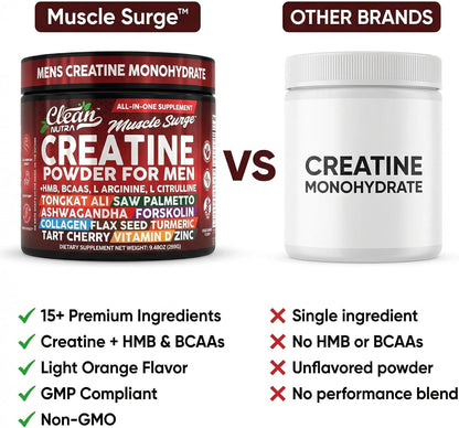 Clean Nutra Creatine Powder for Men + HMB BCAA L Arginine L Citrulline Tongkat Ali Saw Palmetto Ashwagandha Collagen Flax Seed Turmeric Preworkout Stevia Nitric Oxide L Glutamine Amino Acids