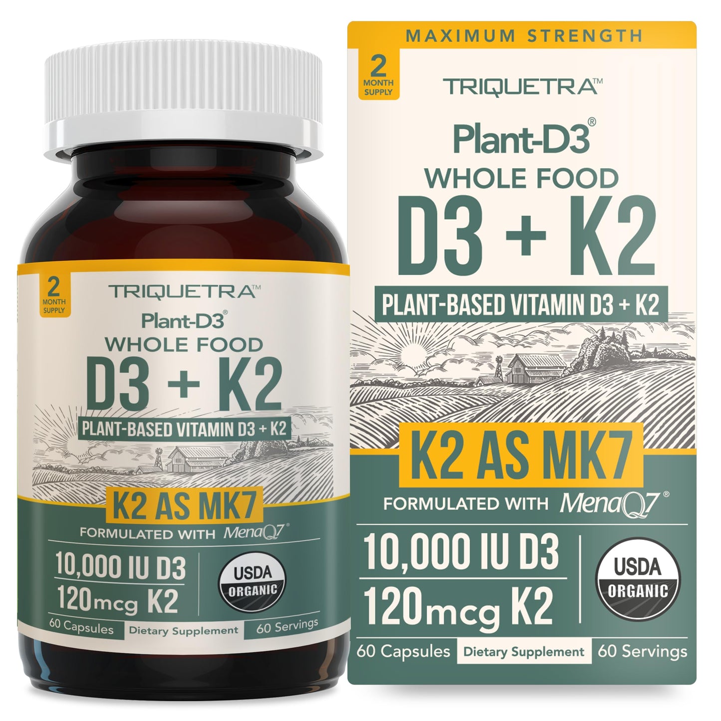 Organic Plant D3 K2 vitamin 10000 iu - All-Trans MK7 from MenaQ7 (120 mcg K2) - 100% Organic & Plant-Based Sublingual D3 Drops 10,000 iu (Cholecalciferol), 100% Vegan - Supports Immunity, Bone, Brain