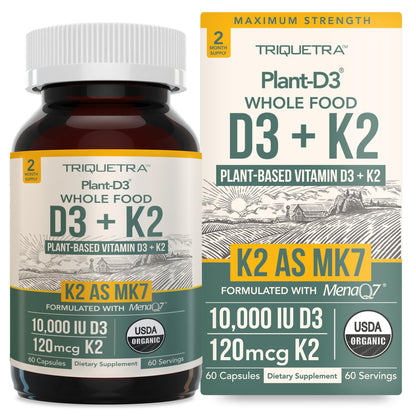 Organic Plant D3 K2 vitamin 10000 iu - All-Trans MK7 from MenaQ7 (120 mcg K2) - 100% Organic & Plant-Based Sublingual D3 Drops 10,000 iu (Cholecalciferol), 100% Vegan - Supports Immunity, Bone, Brain