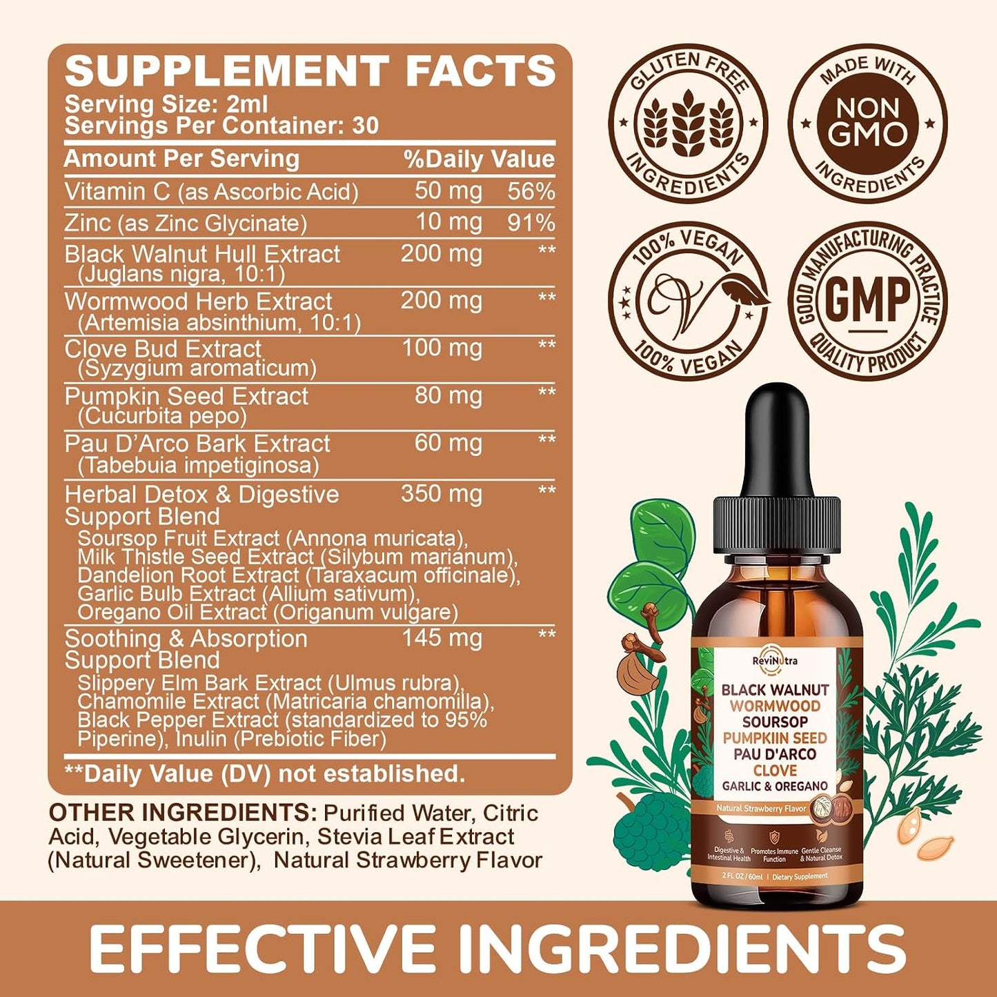 16 in 1 Wormwood Black Walnut Clove Cleanse for Humans Liquid Drops with Soursop Oil of Oregano Pumpkin Seed PAU D’arco Garlic for Gut Cleanse & Digestive Health, Strawberry Flavor 2 Fl Oz