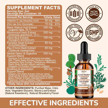 16 in 1 Wormwood Black Walnut Clove Cleanse for Humans Liquid Drops with Soursop Oil of Oregano Pumpkin Seed PAU D’arco Garlic for Gut Cleanse & Digestive Health, Strawberry Flavor 2 Fl Oz