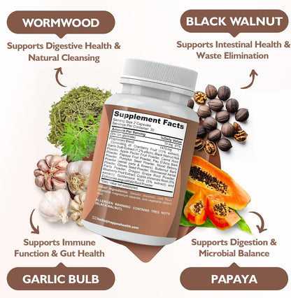 Happee ParaComplex Intestinal Guard for Humans - para Purge Herbal Cleanse for Gut Health & Digestive Balance - with Wormwood, Black Walnut, Garlic & More - 60 Capsules