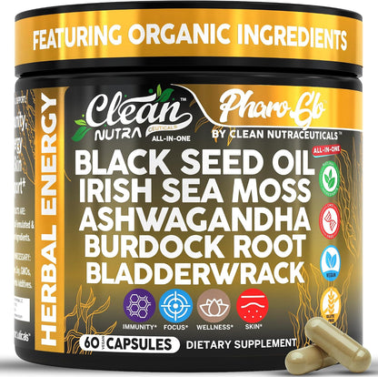 Clean Nutra Black Seed Oil Capsules + Sea Moss Ashwagandha Burdock Root Bladderwrack Seaweed Skin Detox Stress Relief Immune Support Focus Supplement Nigella Sativa 60 Pills
