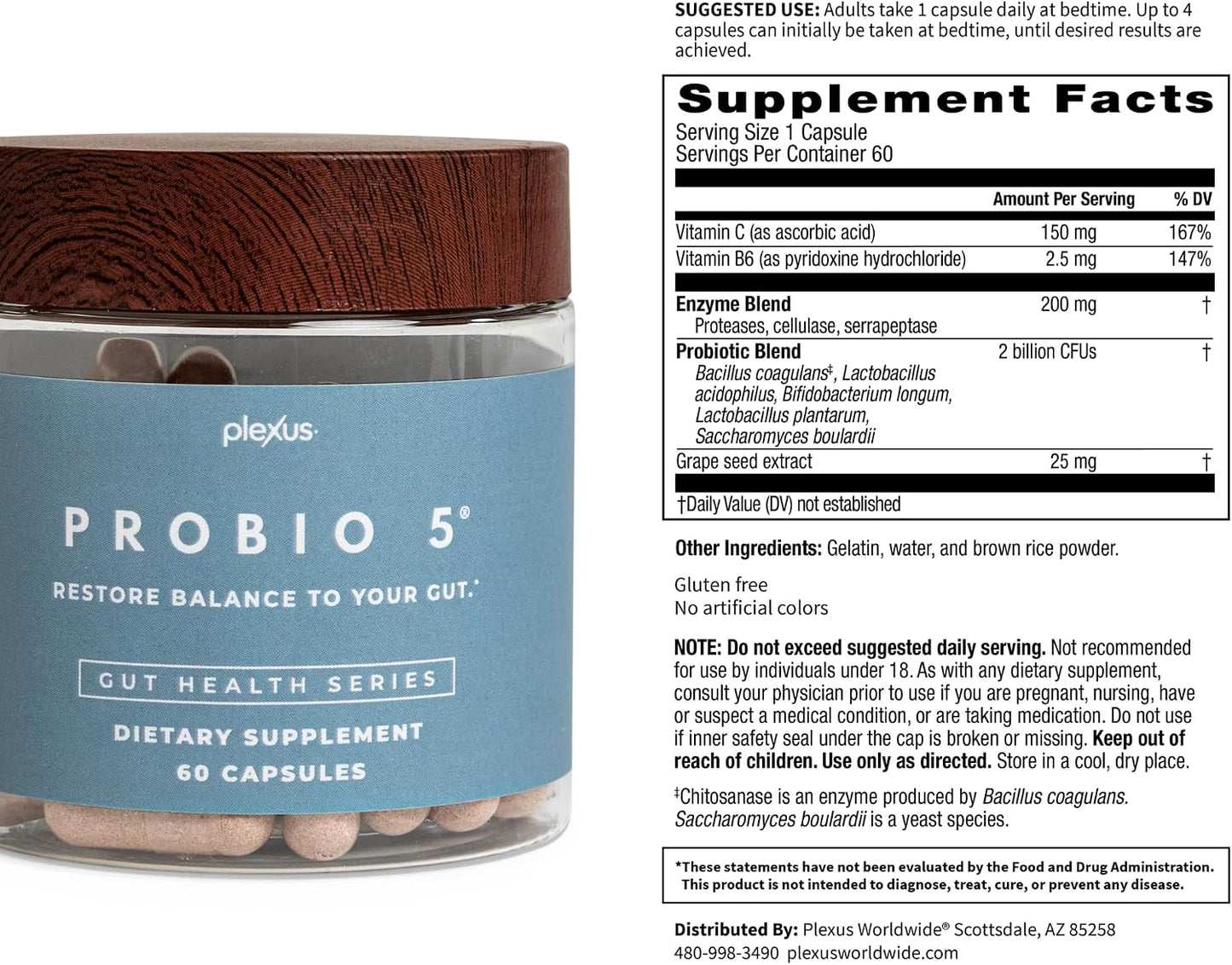 Plexus® ProBio 5®, 60 Capsules | 3 Billion CFU from 5 probiotic strains to support gut microbiome balance and healthy digestion