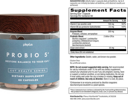 Plexus® ProBio 5®, 60 Capsules | 3 Billion CFU from 5 probiotic strains to support gut microbiome balance and healthy digestion
