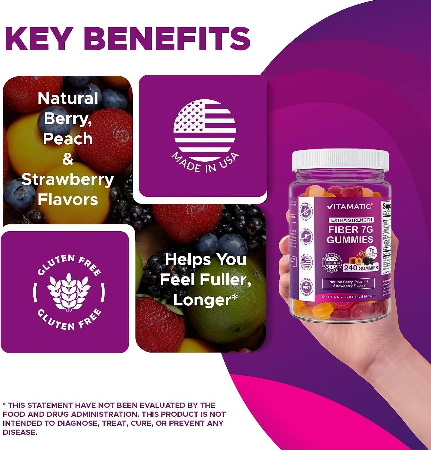 Vitamatic Prebiotic Fiber Gummies for Adults, 7G Extra Strength, Zero Sugar Added, 240 Pectin Based Gummies, Digestive Health & Regularity Support