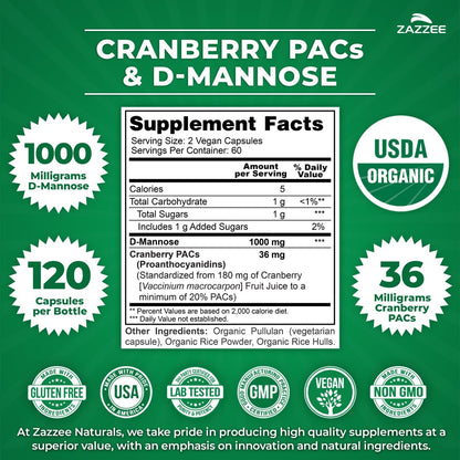 Zazzee USDA Organic Cranberry PACs & D-Mannose, 36 mg PACs per Serving, 1000 mg D-Mannose per Serving, 120 Vegan Capsules, 2 Month Supply, Urinary Tract & Bladder Support, Non-GMO, Made in the USA