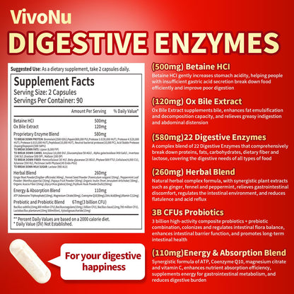 VivoNu Digestive Enzymes | 22 Enzymes with Organic Prebiotics & Probiotics | Supports Digestion* of Protein, Carbs, Fiber & Dairy | 180 Capsules