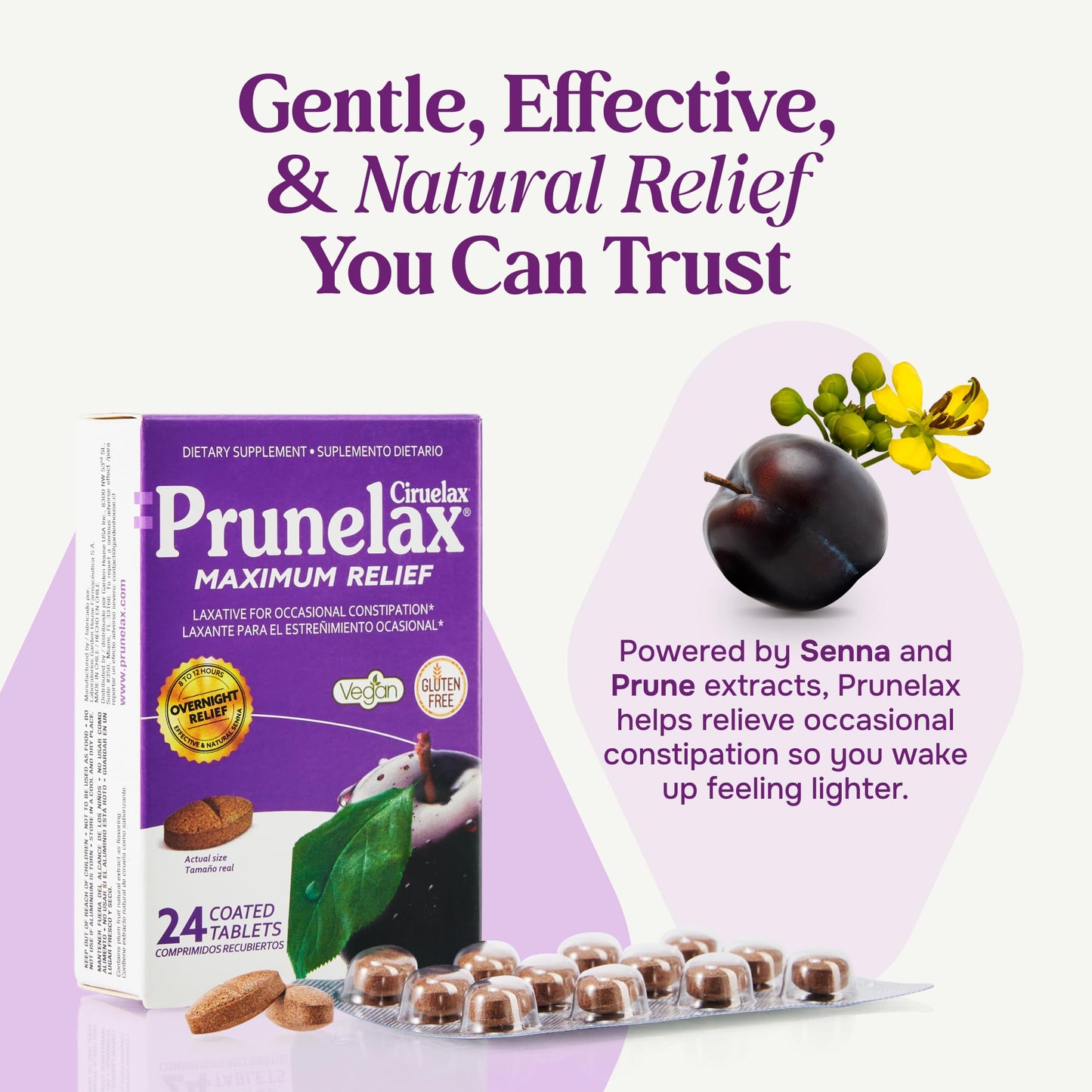 Prunelax Ciruelax Maximum Relief Laxative Tablets with Natural Senna for Occasional Constipation, Senna Extract, Vegan & Gluten-Free, Gentle Overnight Relief - 100ct