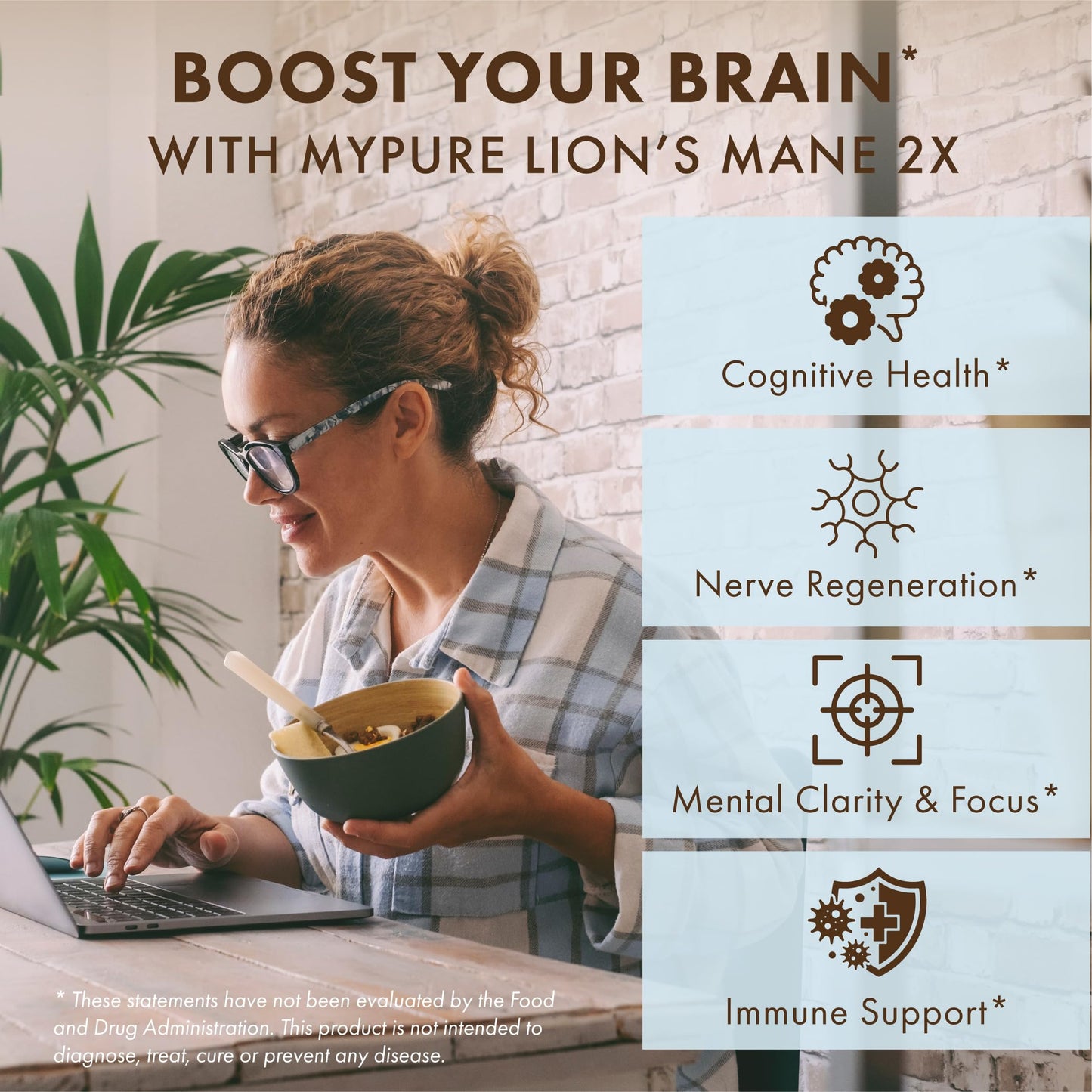 PURE ESSENCE LABS MyPure Lion's Mane 2X - Double Strength Brain Support Supplement with 100% Organic Fruiting Body Lion's Mane for Cognitive Health, Focus, Memory & Mental Clarity, 30 Capsules