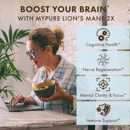 PURE ESSENCE LABS MyPure Lion's Mane 2X - Double Strength Brain Support Supplement with 100% Organic Fruiting Body Lion's Mane for Cognitive Health, Focus, Memory & Mental Clarity, 30 Capsules