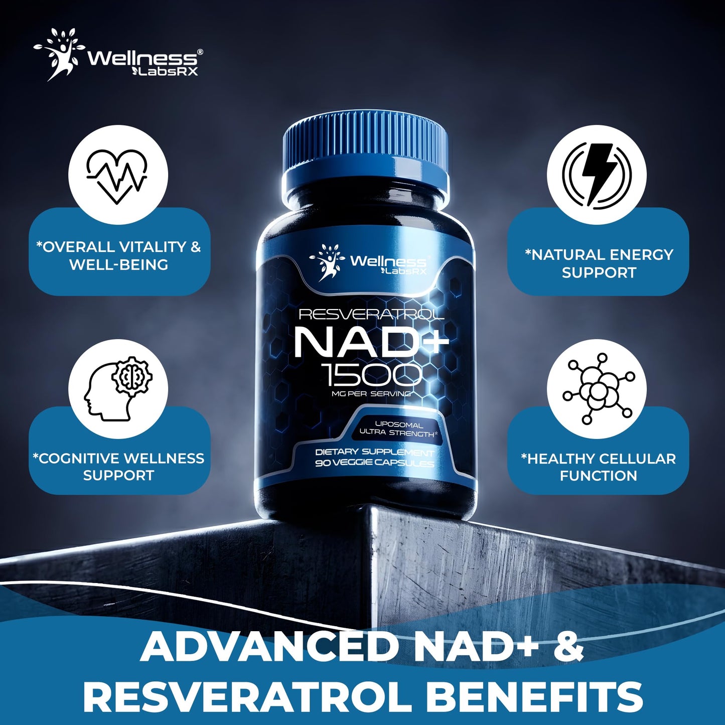 Wellness LABSRX Liposomal NAD Supplement, 1500mg - NAD Resveratrol Supplement for Women and Men, NAD+ Support Cellular Health, Energy & Anti Aging - 90 Count